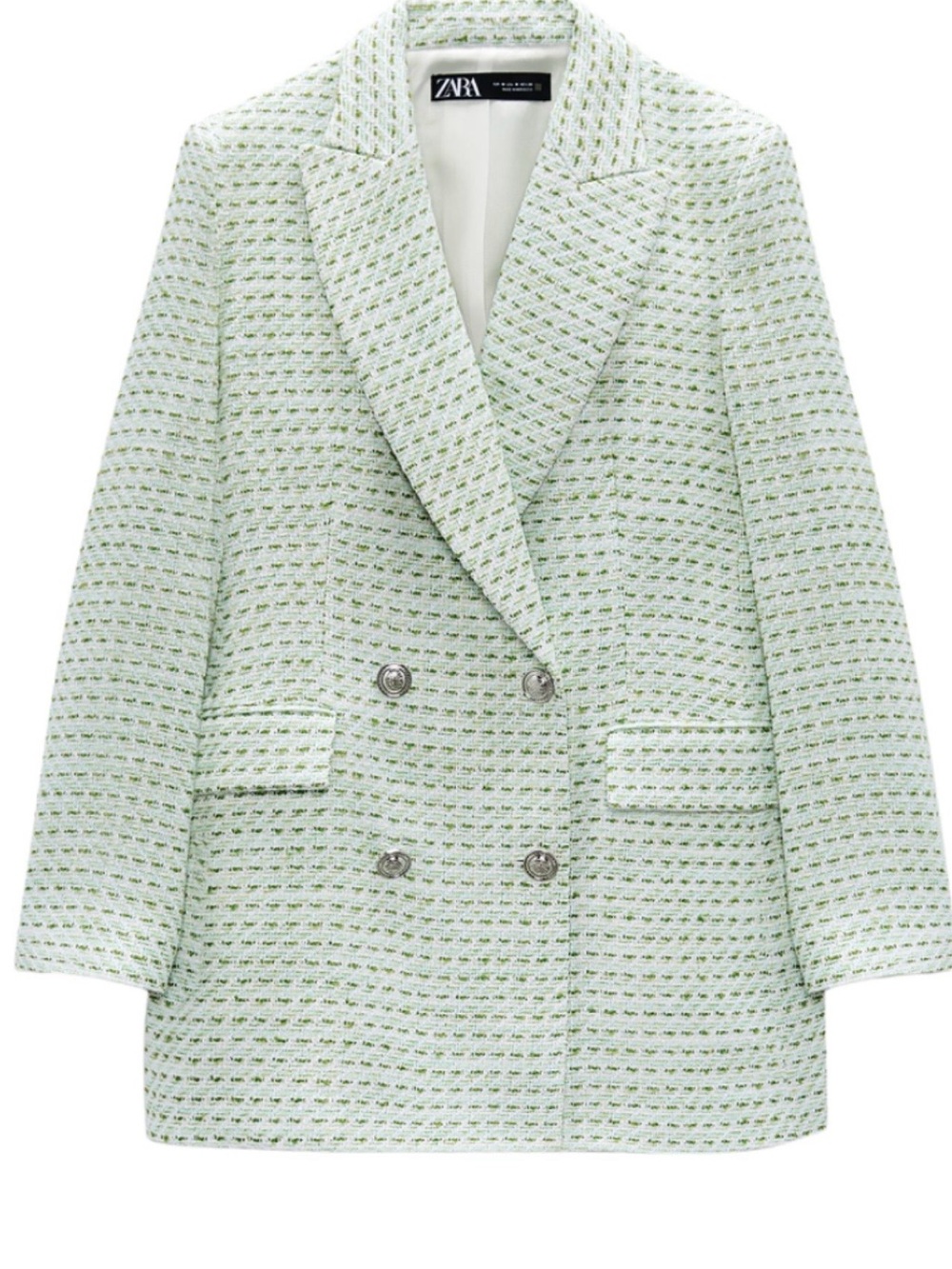Zara Green Tweed Double Breasted Blazer Green & White Medium